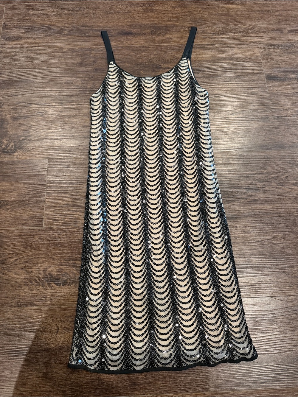 Soprano Black Sequin Scallop Overlay Midi Dress with Cream Underlayer